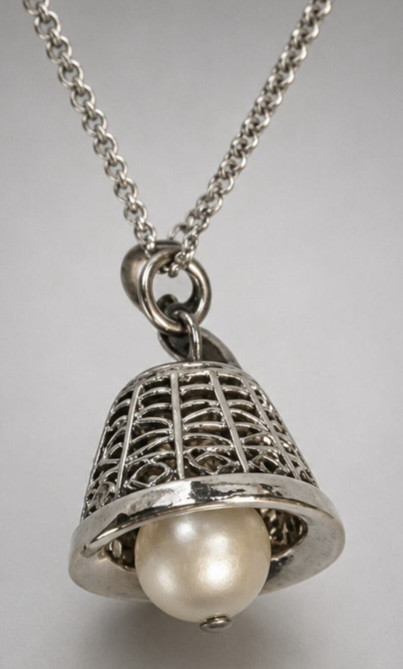 Vintage Judy Lee Pendant Necklace, Silver Filigree Bell Faux Pearl wh03-31